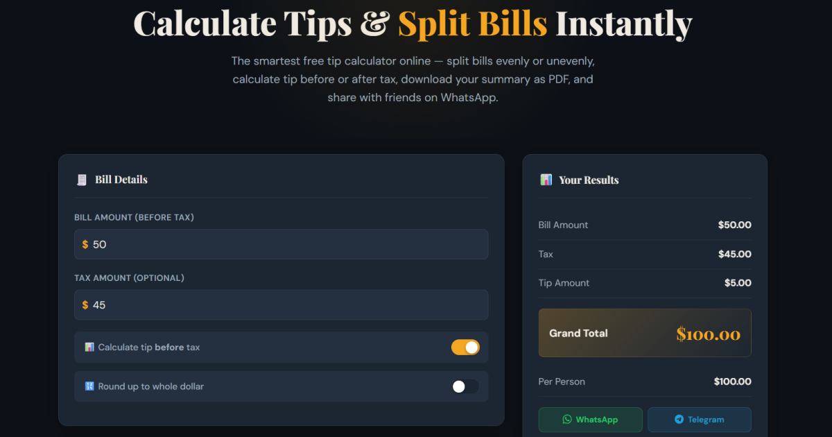 Tip Calculator — Free Online Tip & Bill Splitter